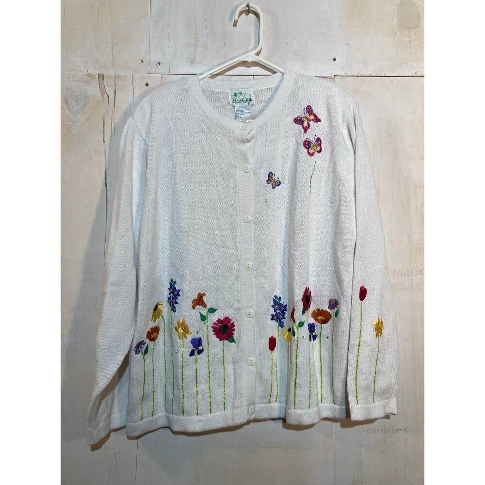 Quacker Factory Sweater XL Cottagecore Embroidered Cardigan Floral Butterfly NWT